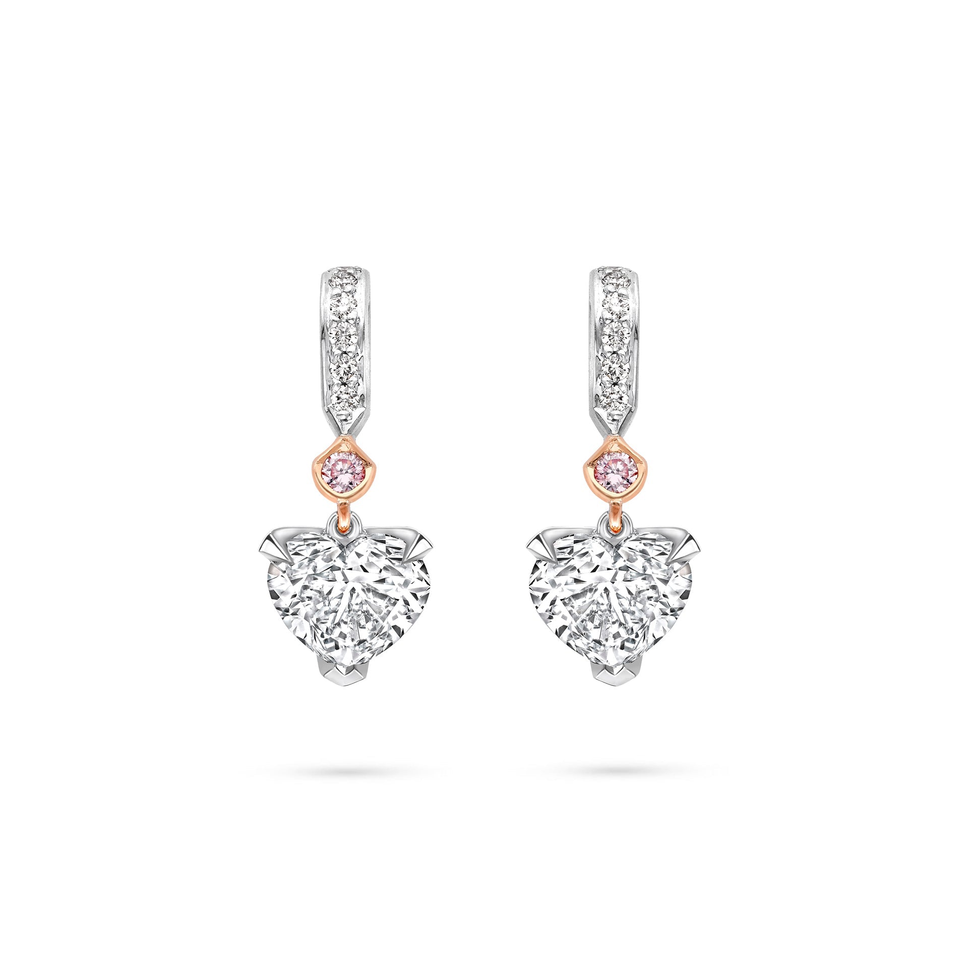 Classic Heart Diamond and Pink Diamond Platinum Drop Earrings
