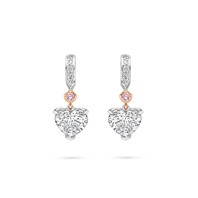 Classic Heart Diamond and Pink Diamond Platinum Drop Earrings
