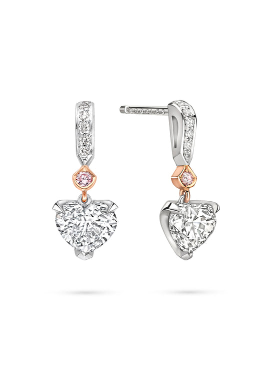 Classic Heart Diamond and Pink Diamond Platinum Drop Earrings