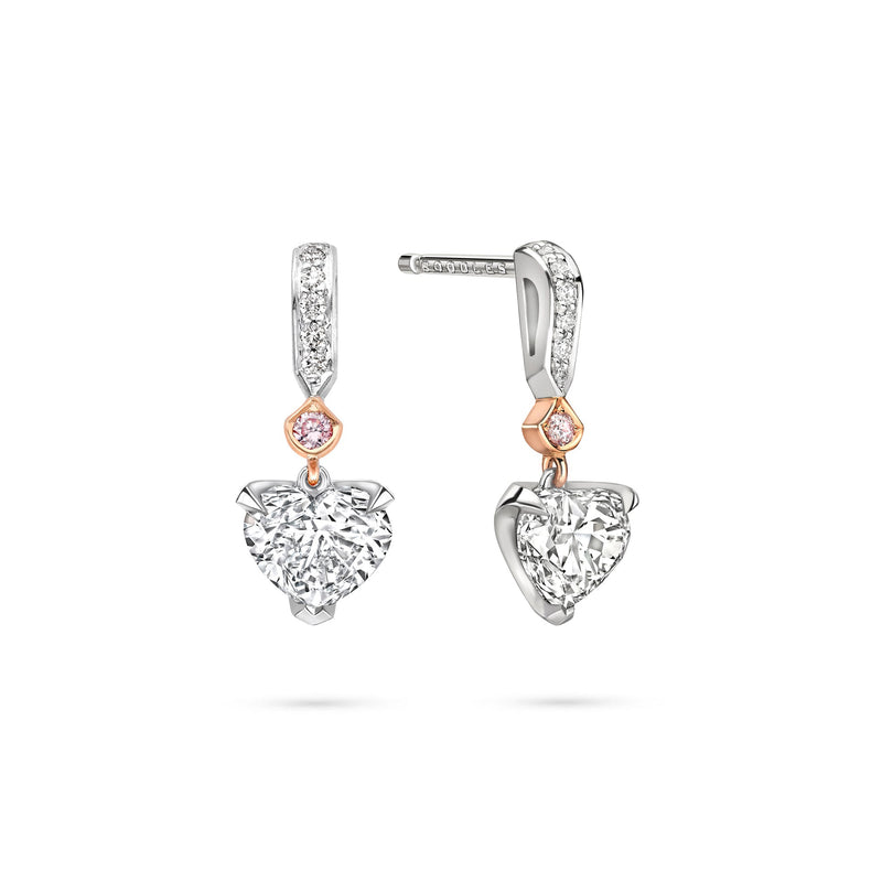Classic Heart Diamond and Pink Diamond Platinum Drop Earrings