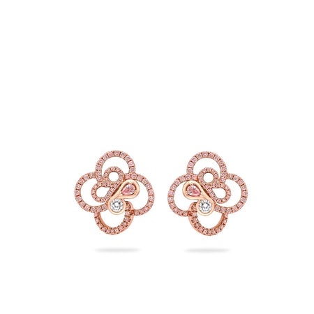 Be Boodles rose gold earrings featuring pink and white diamonds in an elegant floral motif.