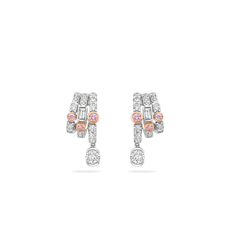 Play of Light hoop earrings in platinum with pink and white diamonds.
