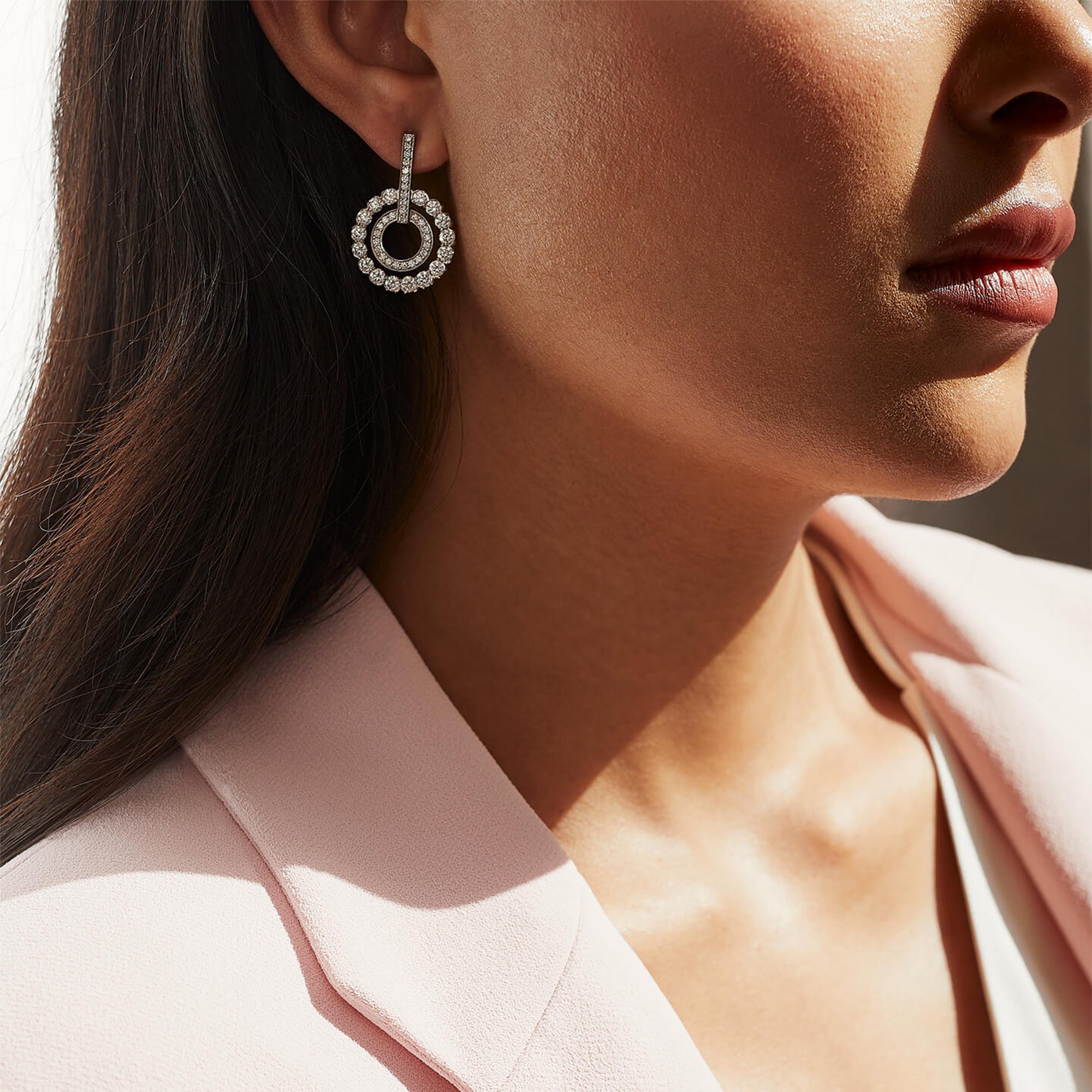 Roulette Double Hoop White Gold Diamond Earrings