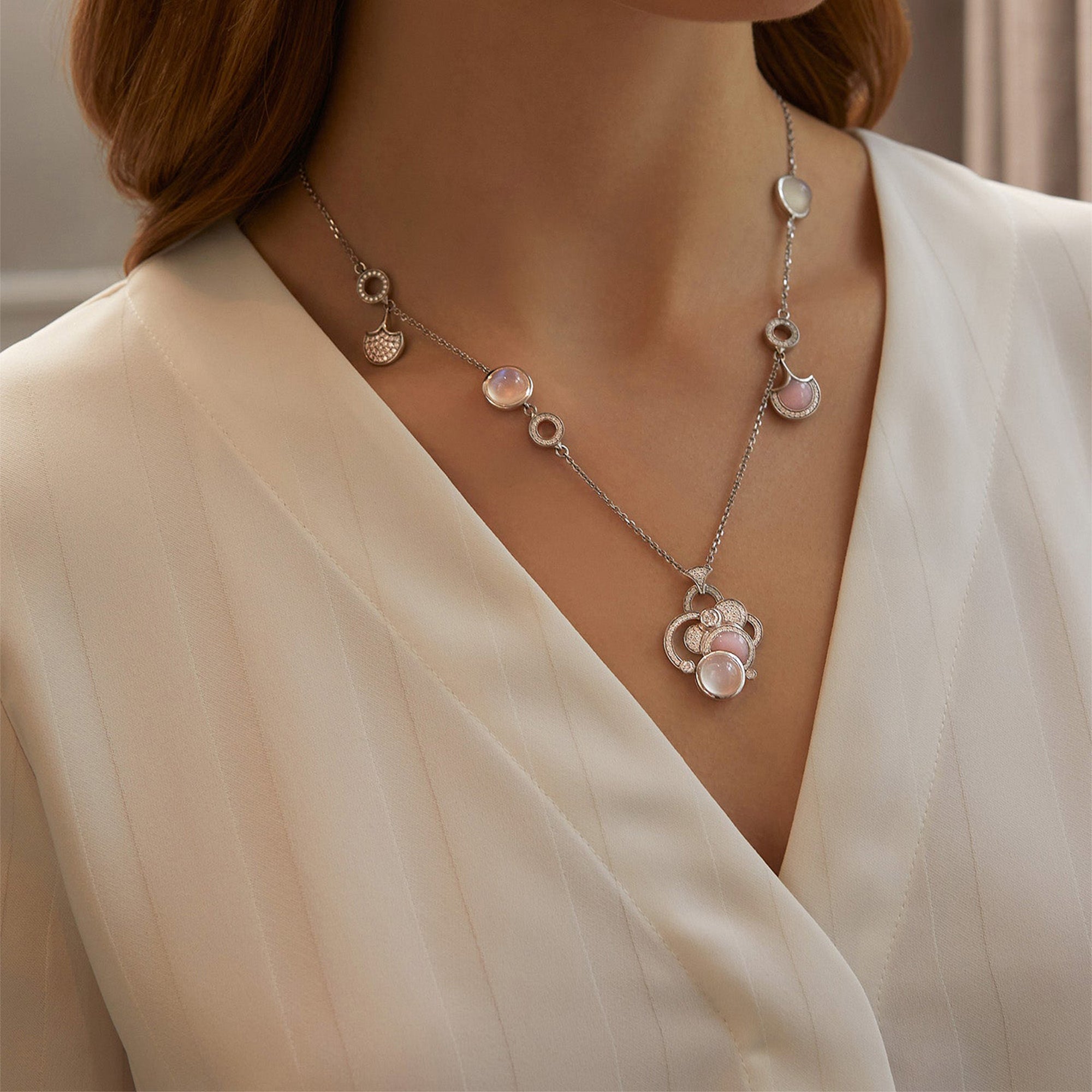 Raindrop Moonstone Pink Opal White Gold Necklace