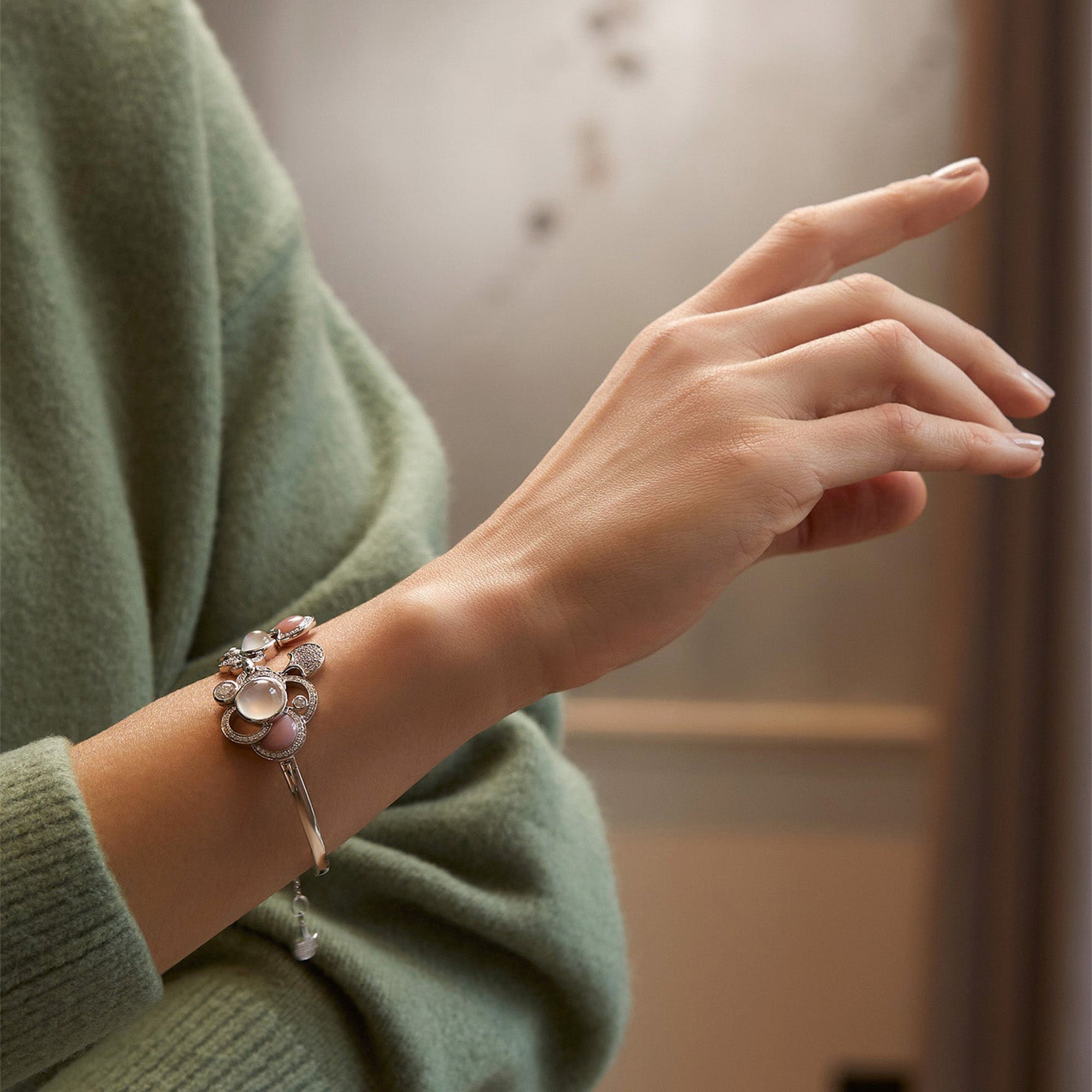 Raindrop Moonstone and Pink Opal Bangle