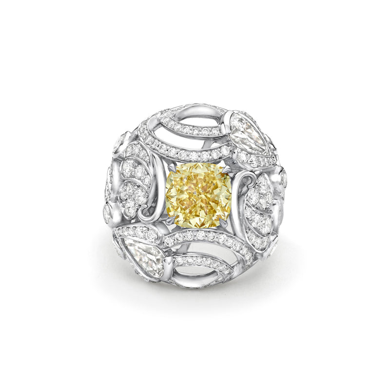 Chalk Stream Yellow Cushion Platinum Diamond Ring