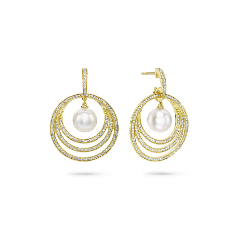 Roulette Diamond Pearl Yellow Gold Drop Earrings