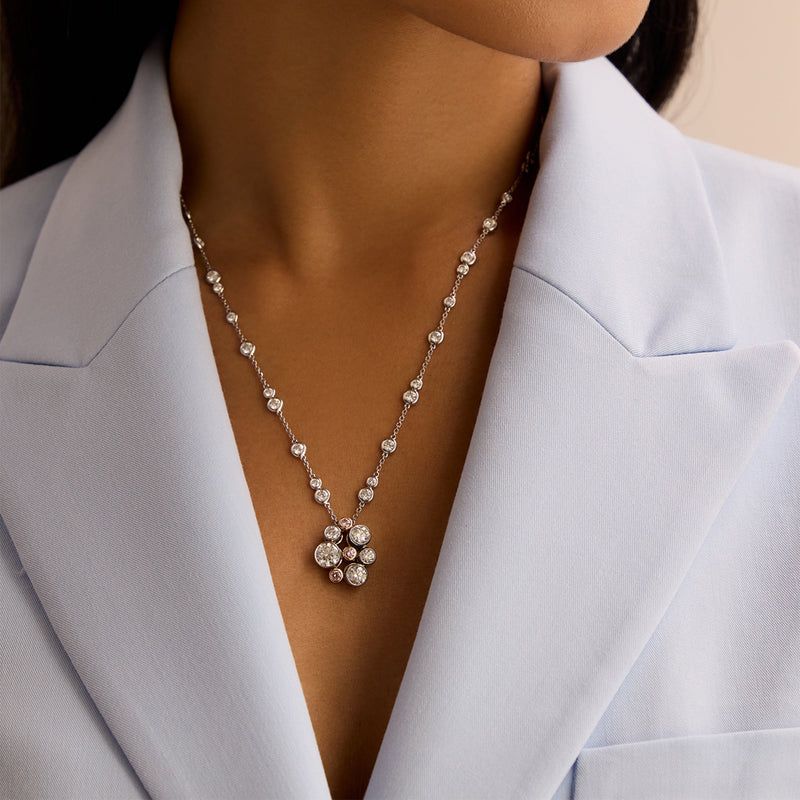 Raindance Platinum Pink and White Diamond Cluster Pendant | Boodles