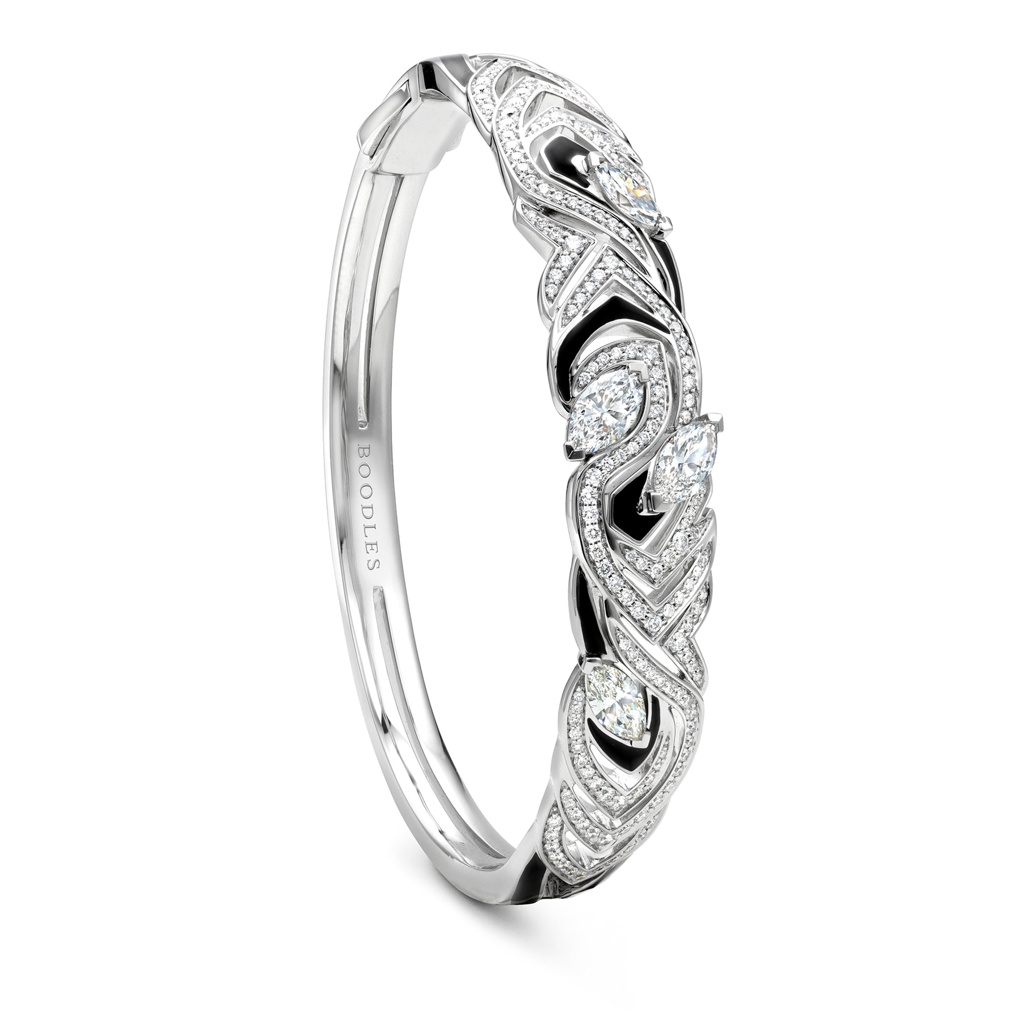 Africa Zebra platinum diamond bangle featuring striking black enamel and marquise-cut diamonds.