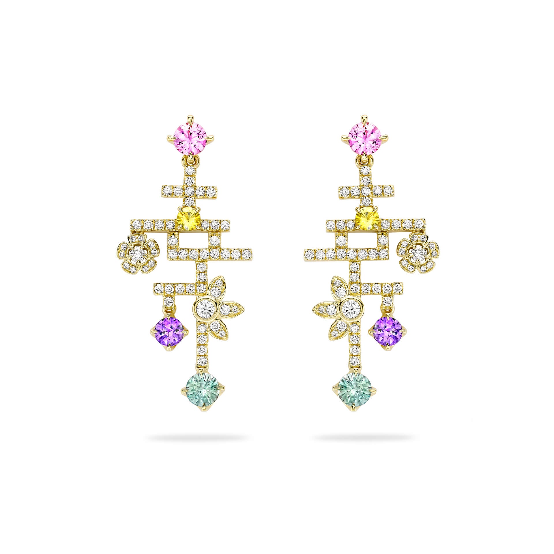 Secret Garden Sapphire Diamond Yellow Gold Drop Earrings