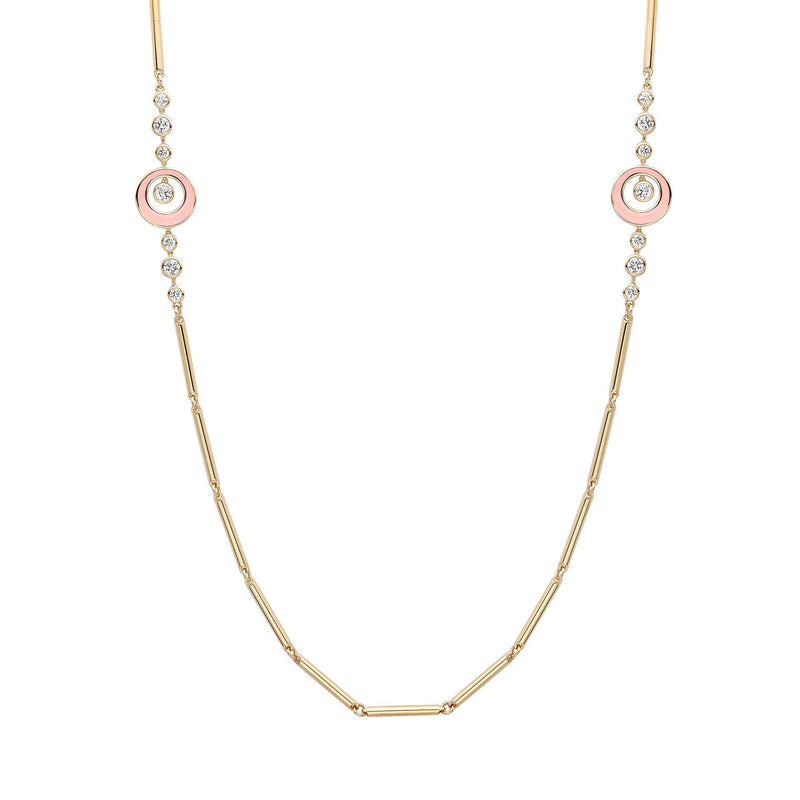Raindance Diamond Pink Enamel Long Yellow Gold Necklace