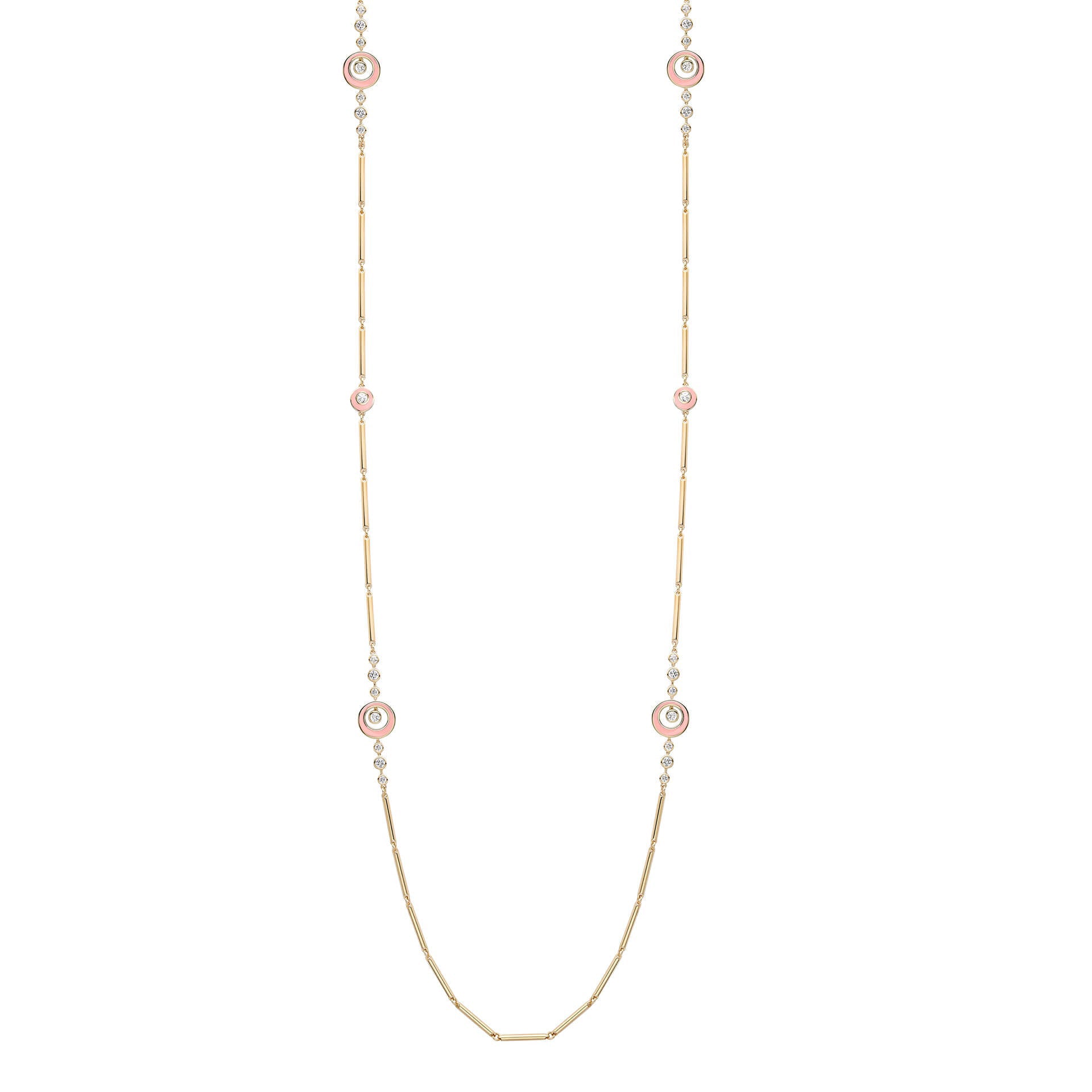 Raindance Diamond Pink Enamel Long Yellow Gold Necklace