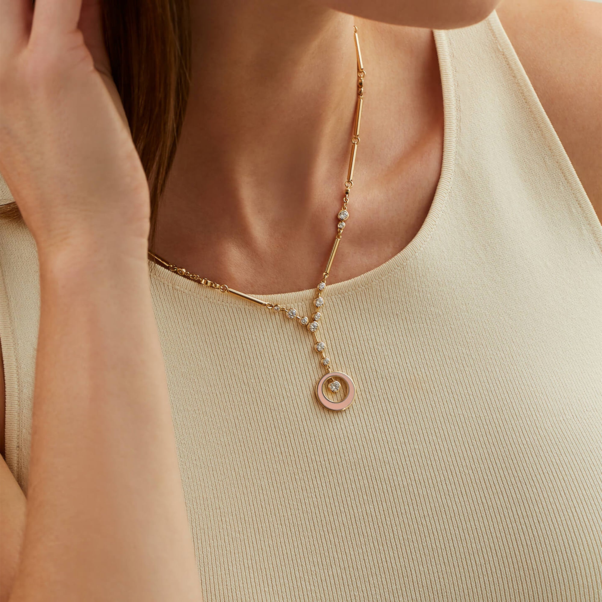 Raindance Diamond Pink Enamel Yellow Gold Pendant