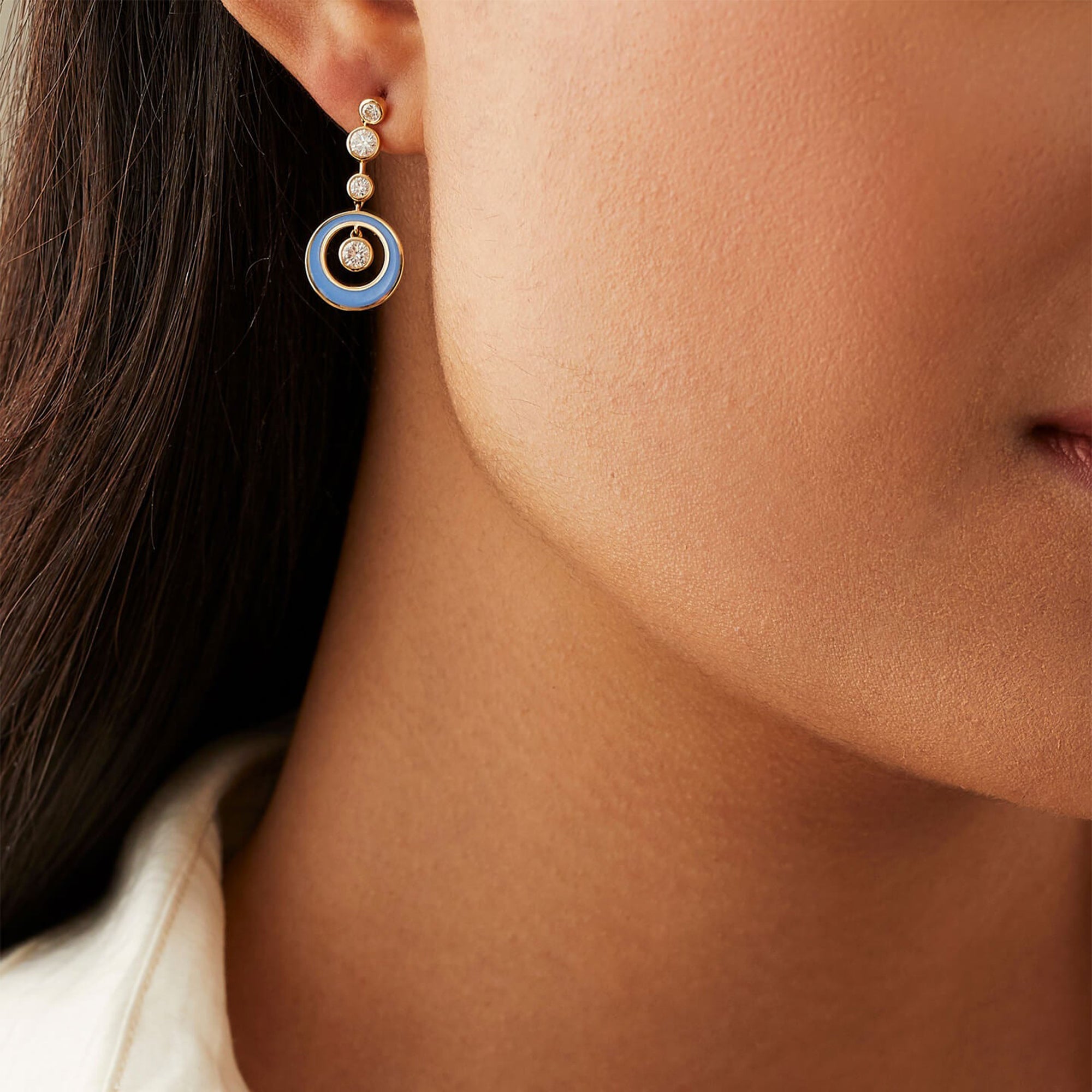 Raindance Diamond Blue Enamel Yellow Gold Earrings