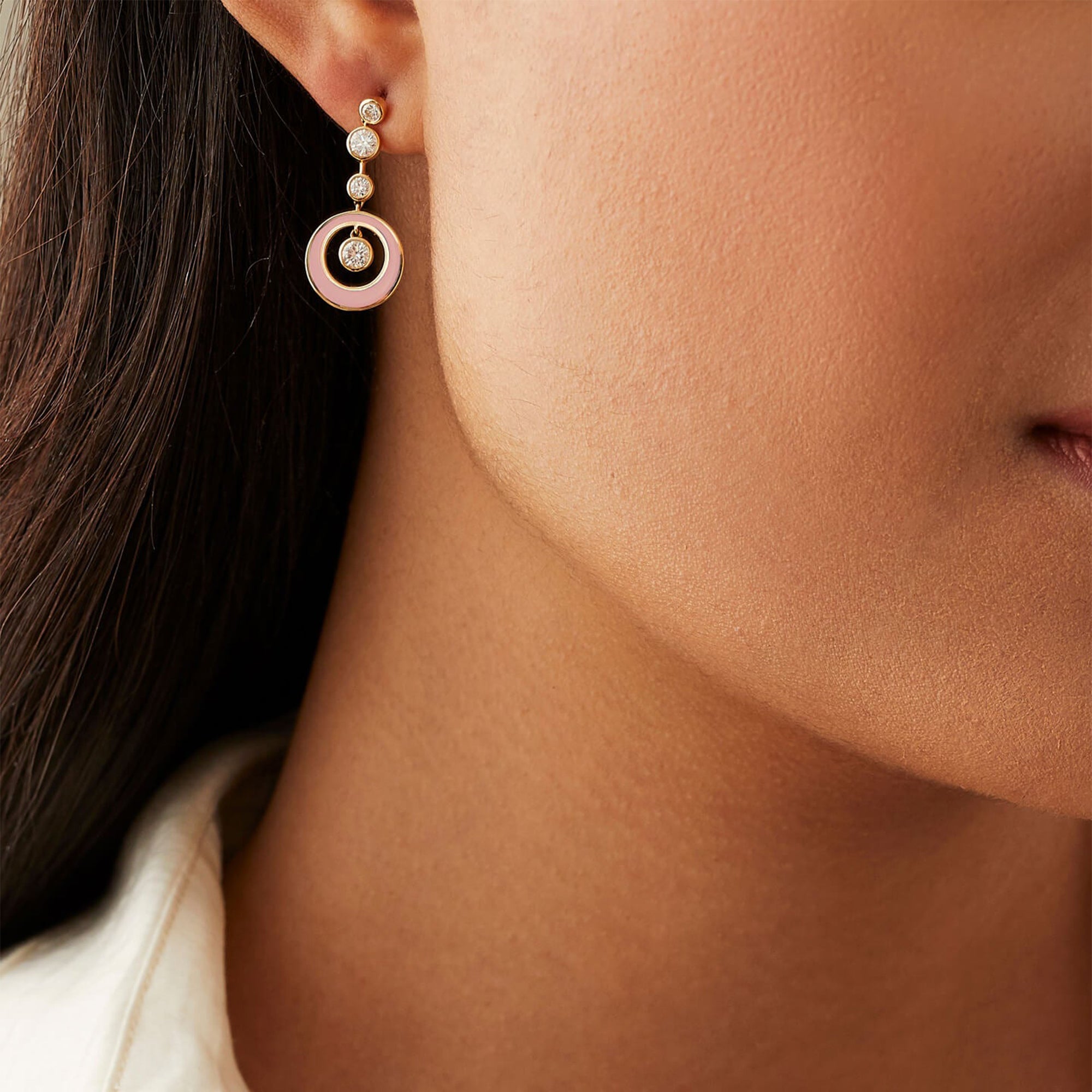 Raindance Diamond Pink Enamel Yellow Gold Earrings