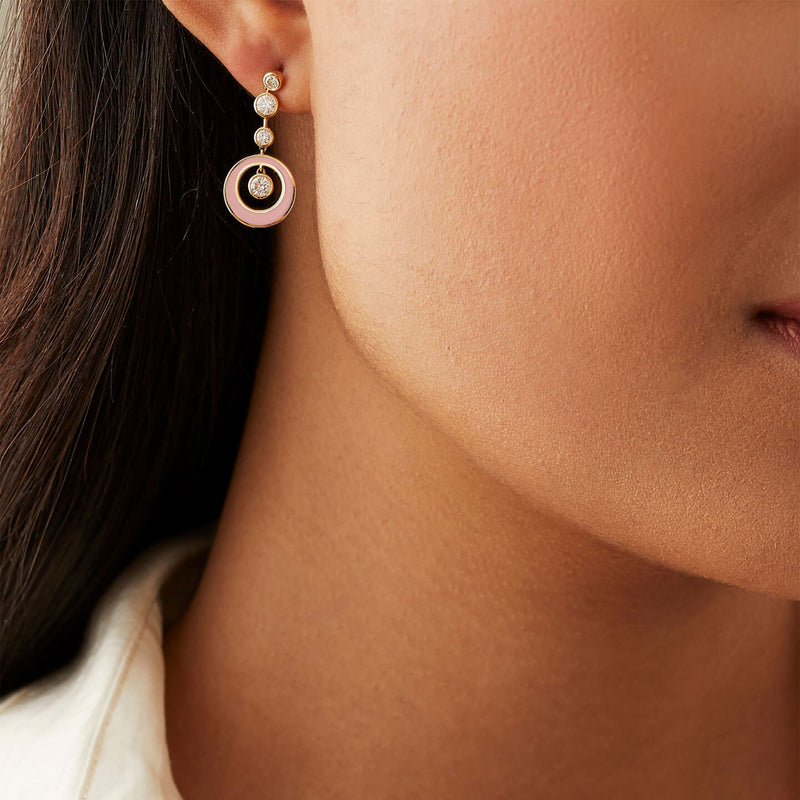 Raindance Diamond Pink Enamel Yellow Gold Earrings