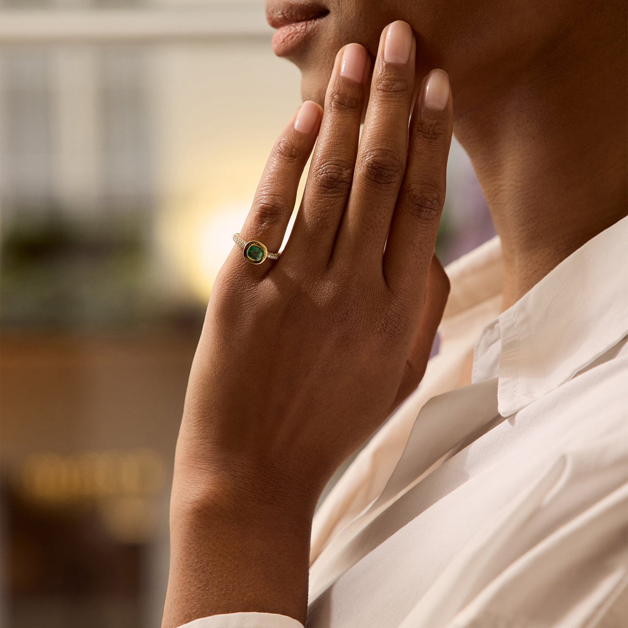 Florentine Cushion Emerald Yellow Gold Ring