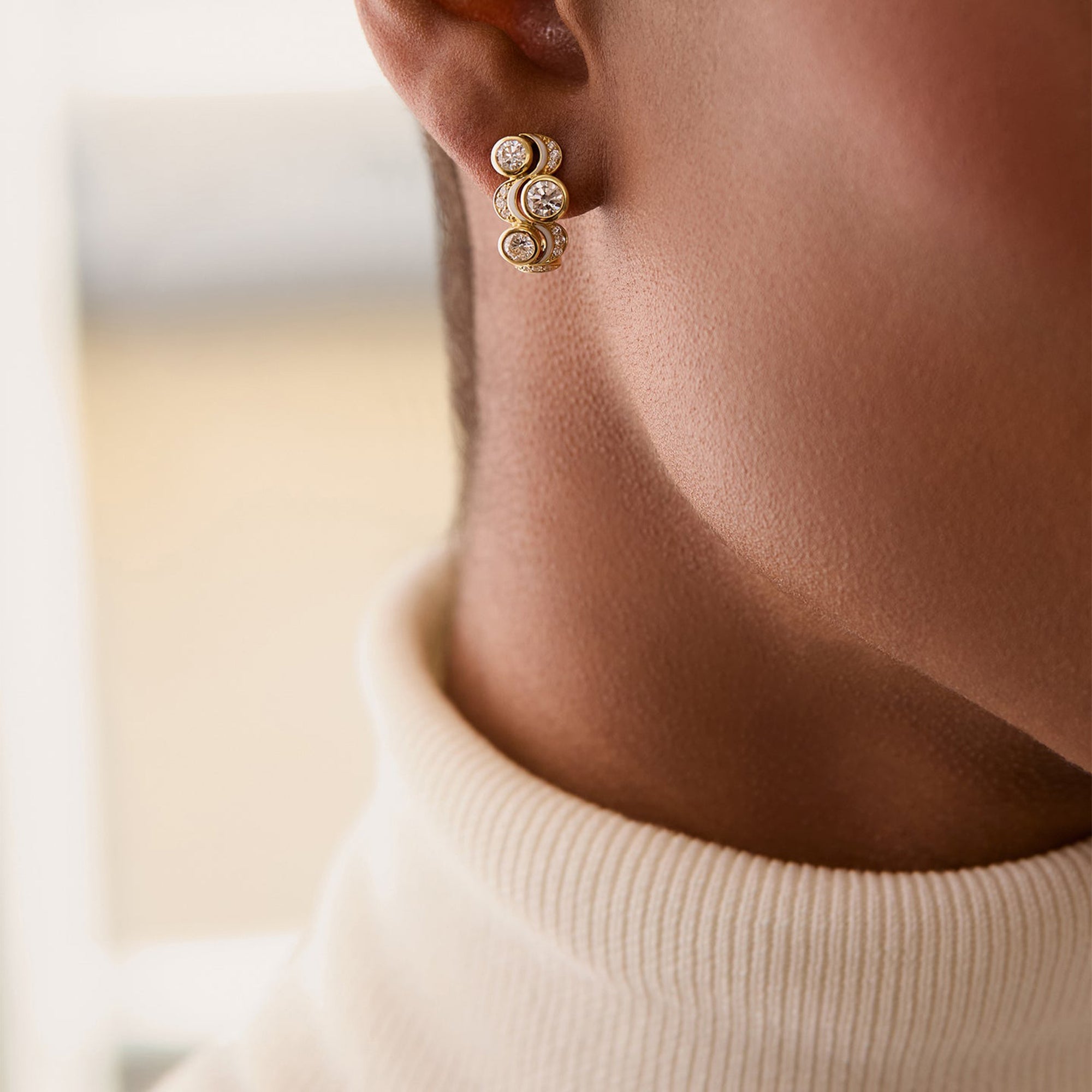 Over the Moon Diamond Enamel Yellow Gold Earrings