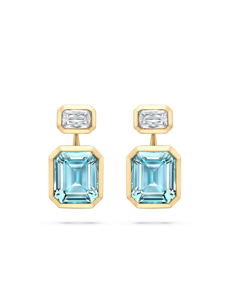 Florentine Emerald Cut Aquamarine Yellow Gold Earrings