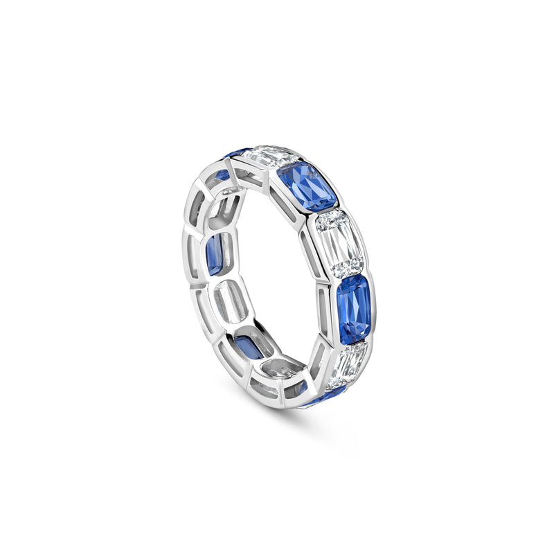 Classic Ashoka Diamond Sapphire Scalloped Full Hoop Platinum Eternity Ring