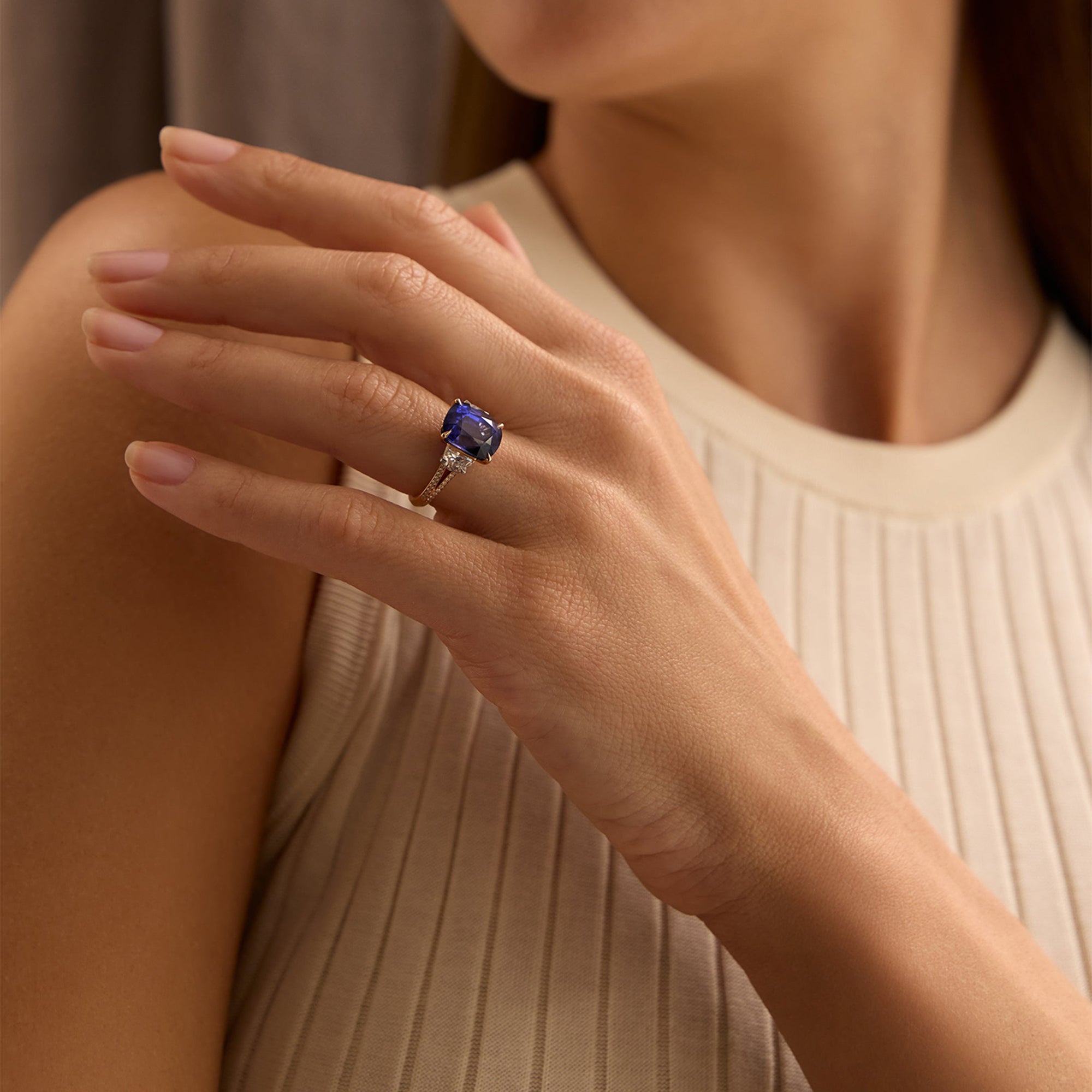 Trilogy Split Shoulder Sapphire and Diamond Rose Gold Ring