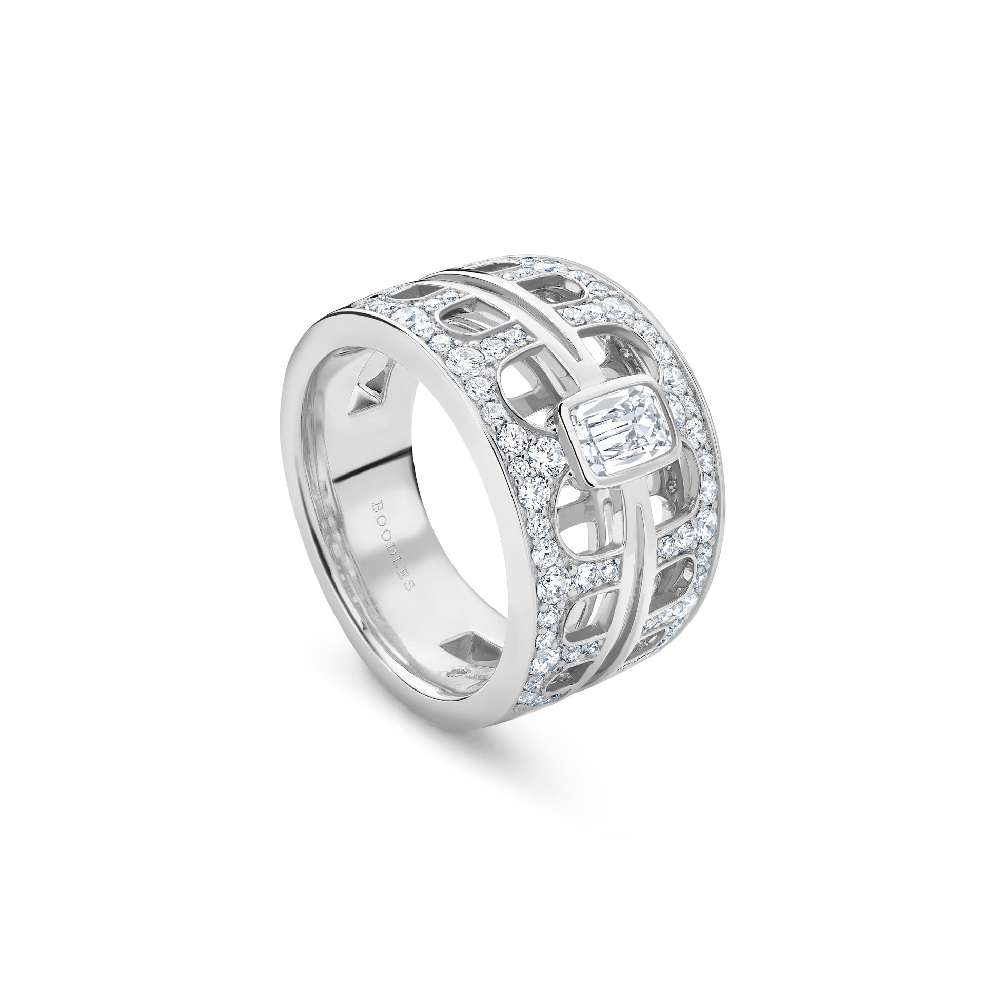 A platinum ring featuring Ashoka cut diamonds arranged in a pattern that mimics architectural elements, part of the 'Perspective' collection inspired by the National Gallery's art.