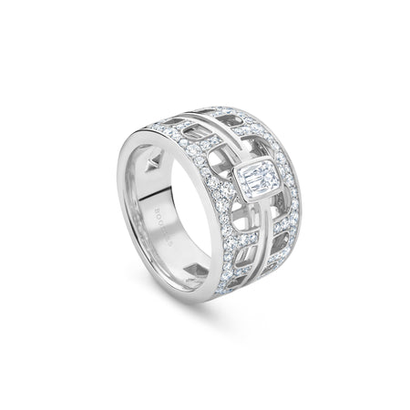 A platinum ring featuring Ashoka cut diamonds arranged in a pattern that mimics architectural elements, part of the 'Perspective' collection inspired by the National Gallery's art.