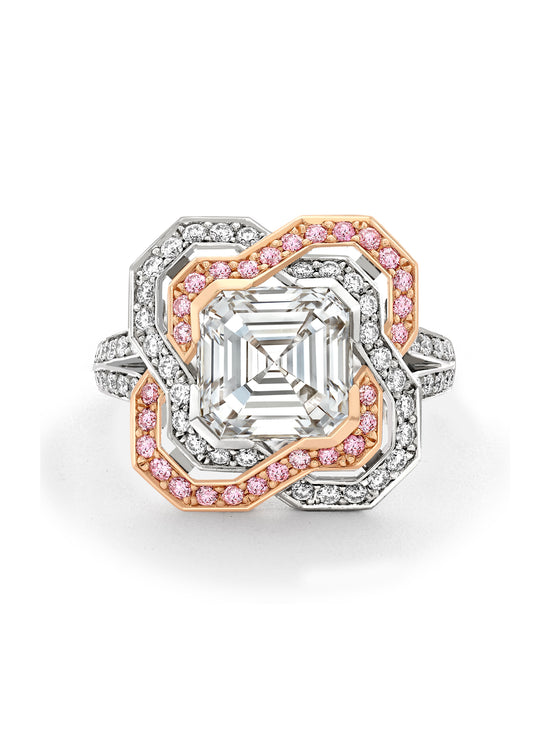 Pavilion Asscher Diamond and Pink Diamond Platinum Ring
