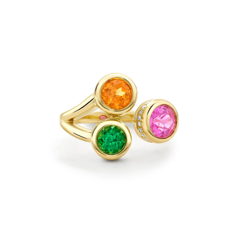 Beach Three Stone Sapphire Garnet Tsavorite Yellow Gold Ring