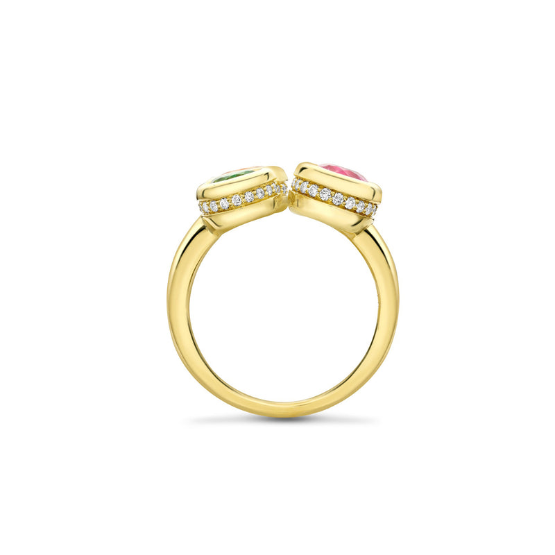 Beach Three Stone Sapphire Garnet Tsavorite Yellow Gold Ring