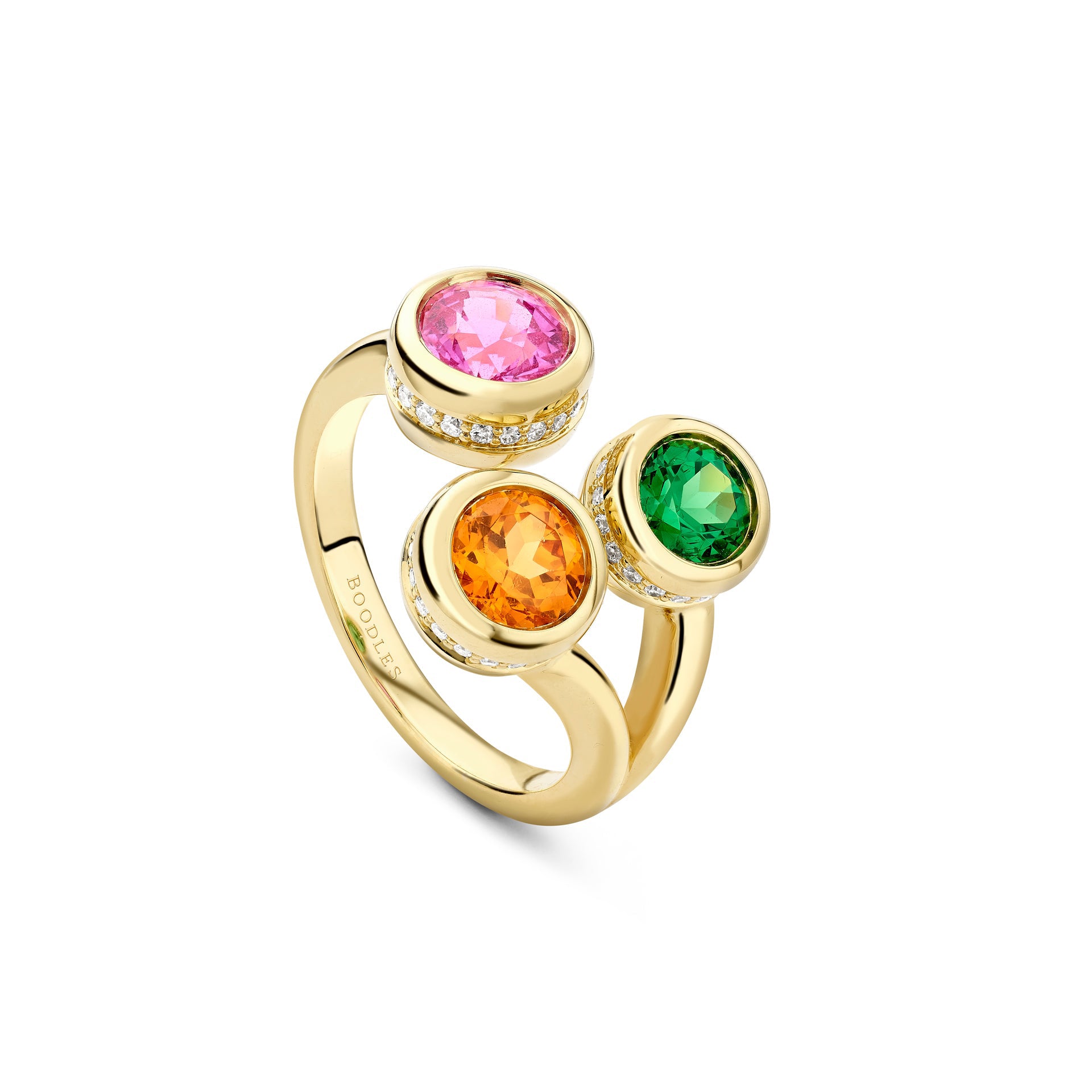 Beach Three Stone Sapphire Garnet Tsavorite Yellow Gold Ring