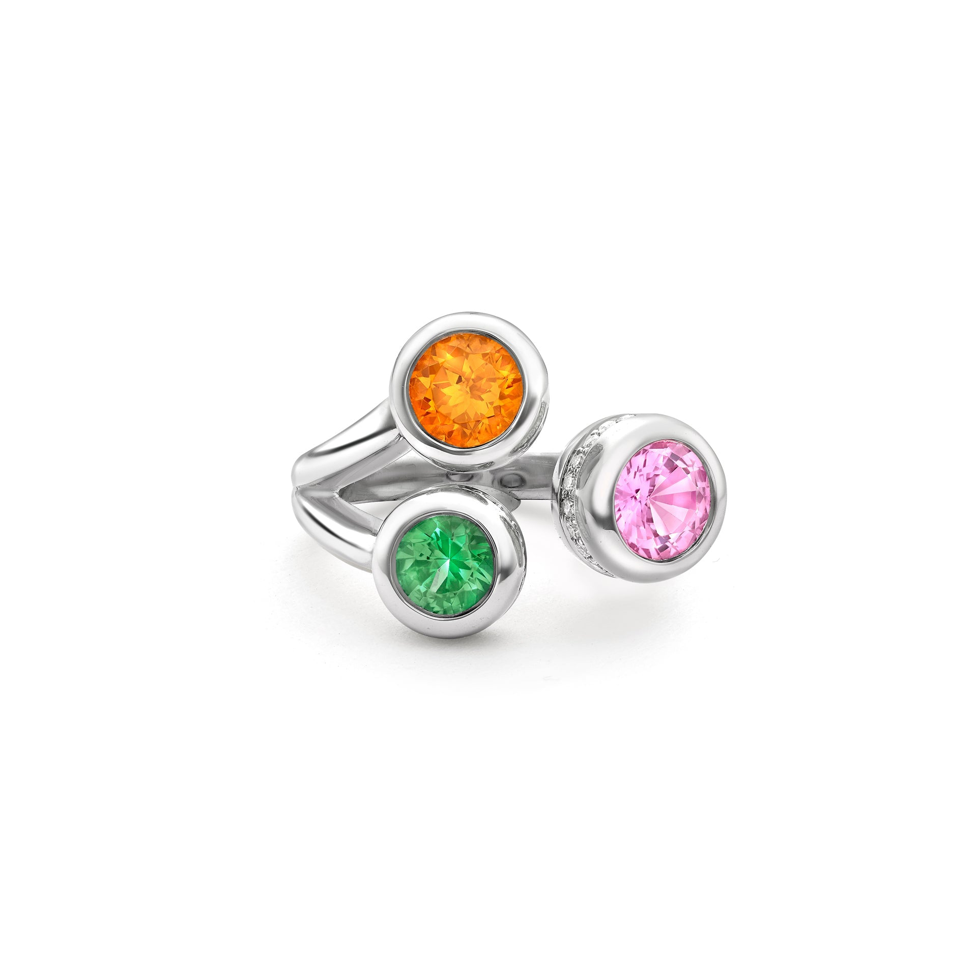 Beach Three Stone Sapphire Garnet Tsavorite Platinum Ring