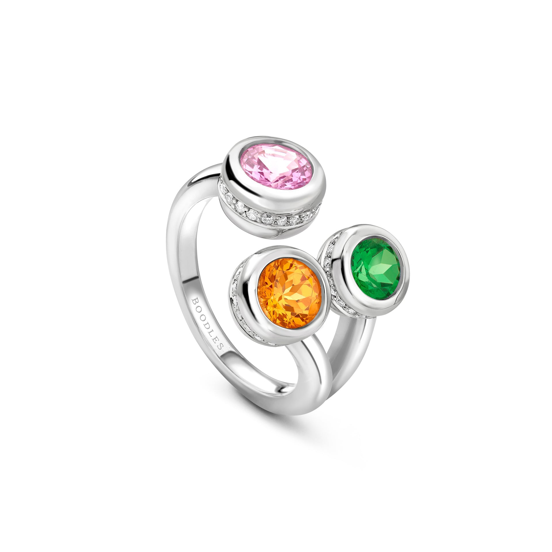 Beach Three Stone Sapphire Garnet Tsavorite Platinum Ring