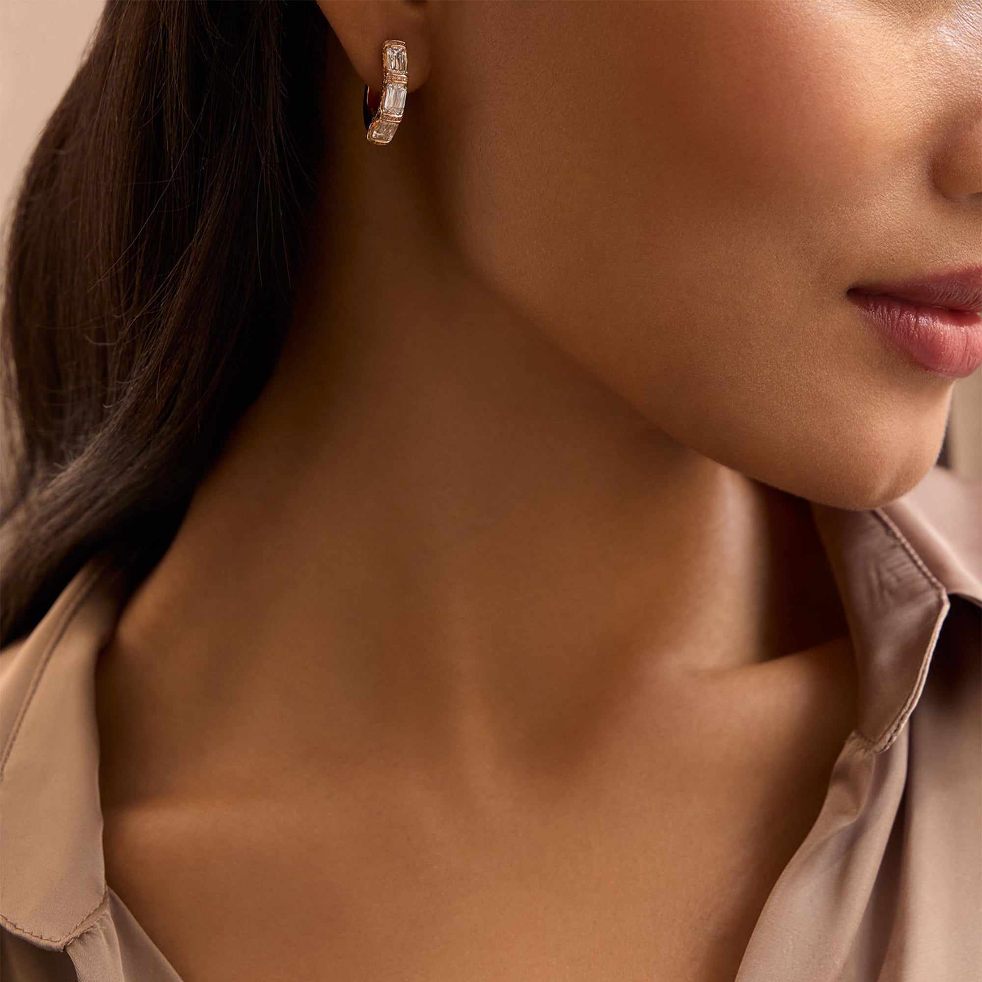 Ashoka Three Stone Rose Gold Diamond Hoop Earrings