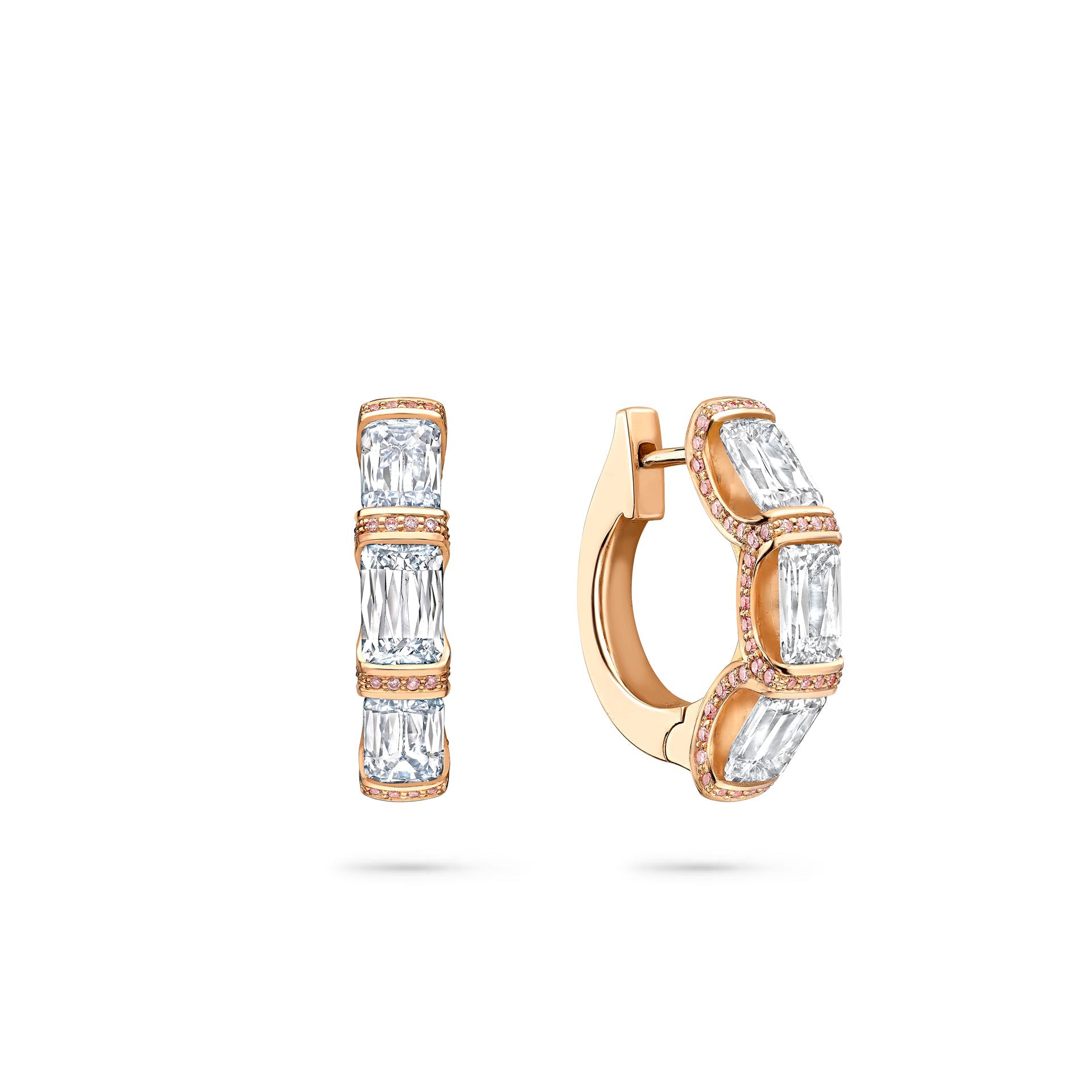 Ashoka Three Stone Rose Gold Diamond Hoop Earrings