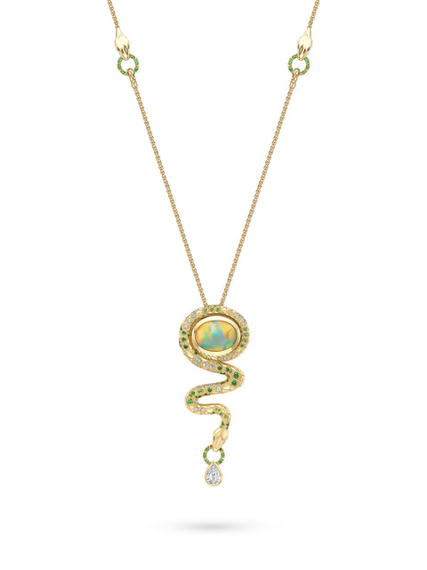 Africa Green Mamba Black Opal Yellow Gold Necklace