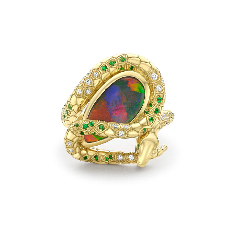 Africa Green Mamba Black Opal Diamond Yellow Gold Ring