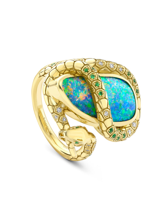 Africa Green Mamba Black Opal Yellow Gold Ring
