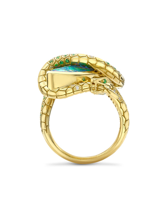 Africa Green Mamba Black Opal Yellow Gold Ring