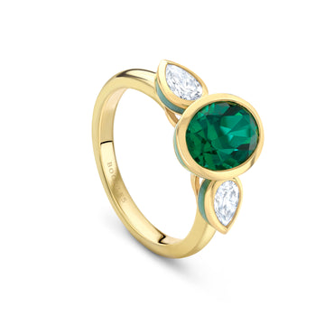 Florentine Oval Emerald Pear Diamond Yellow Gold Ring