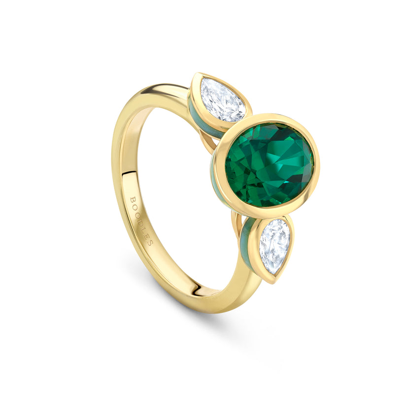 Florentine Oval Emerald Pear Diamond Yellow Gold Ring
