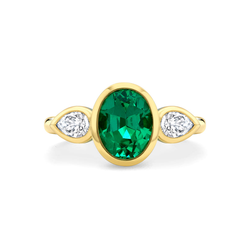 Florentine Oval Emerald Pear Diamond Yellow Gold Ring
