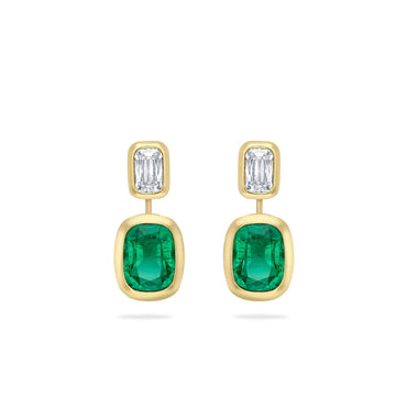 Florentine Emerald and Ashoka Diamond Yellow Gold Earrings