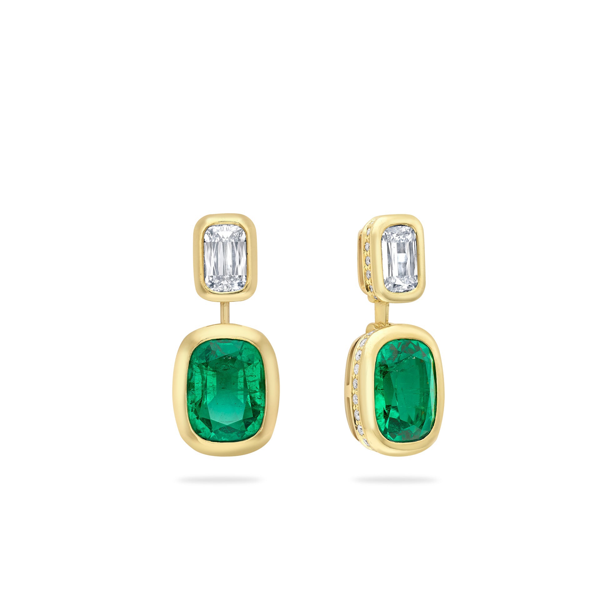 Florentine Emerald and Ashoka Diamond Yellow Gold Earrings