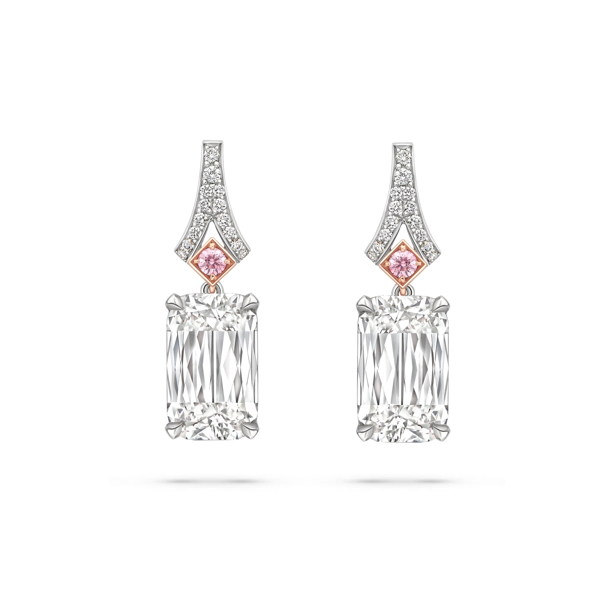 Ashoka white and pink diamond platinum drop earrings with 18 carat pink gold accents.