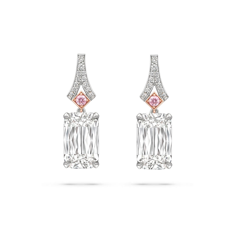 Ashoka white and pink diamond platinum drop earrings with 18 carat pink gold accents.