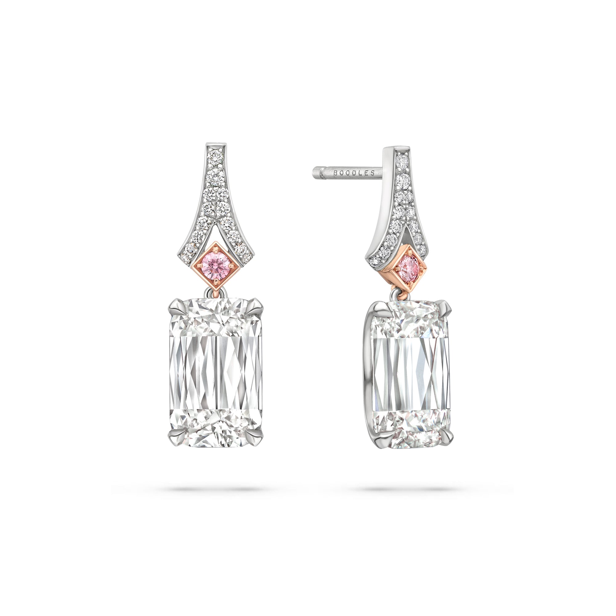 Ashoka white and pink diamond drop earrings in platinum and pink gold on a white background.