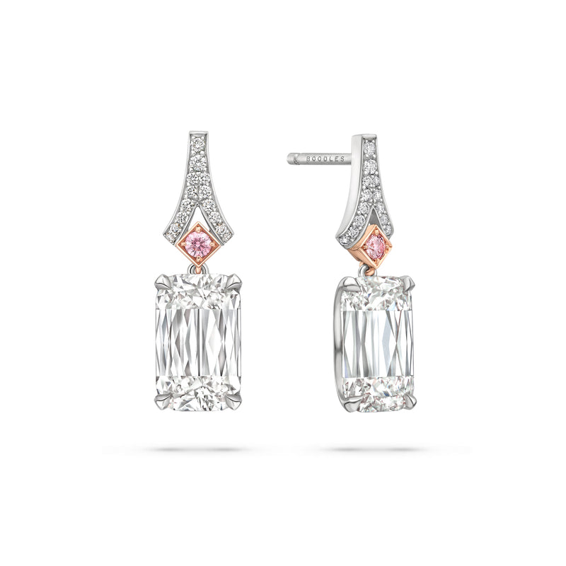 Ashoka white and pink diamond drop earrings in platinum and pink gold on a white background.