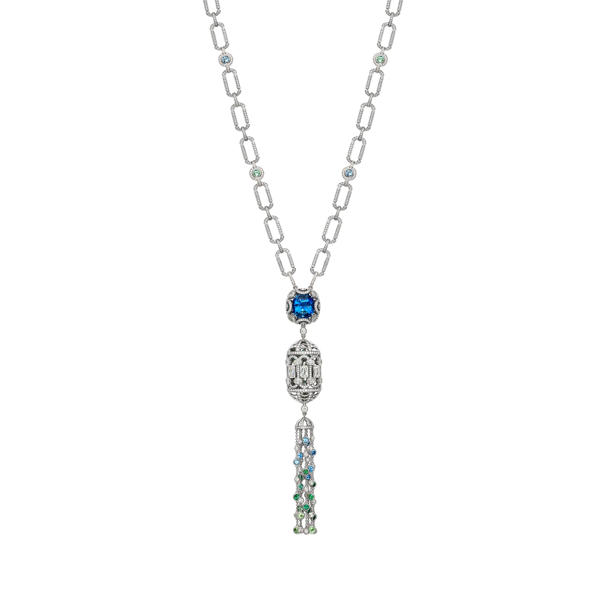Platinum Lady Alice's Temple pendant necklace featuring a cushion aquamarine, diamonds, and green tourmaline tassel.