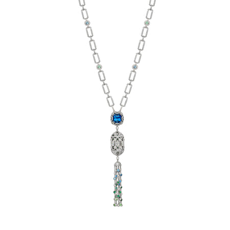 Platinum Lady Alice's Temple pendant necklace featuring a cushion aquamarine, diamonds, and green tourmaline tassel.